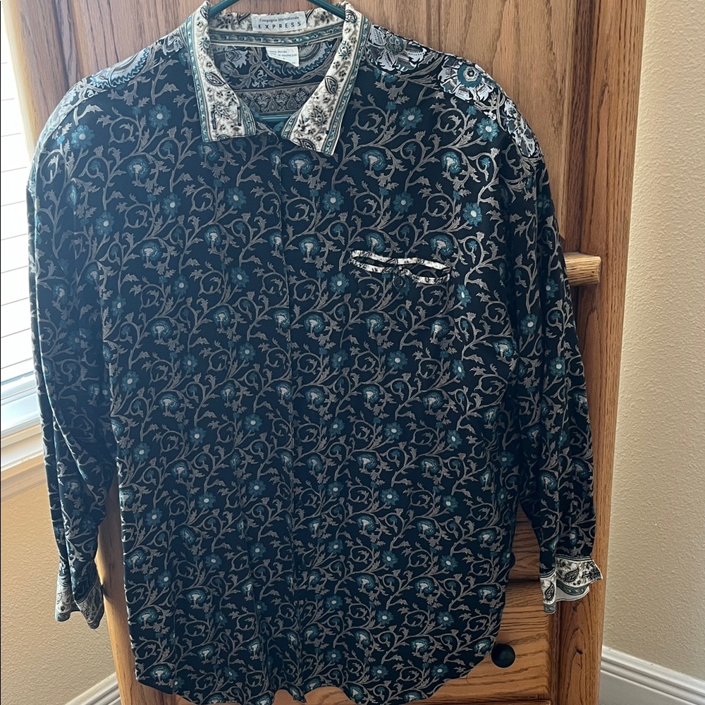 Women’s Vintage Black, Green and White Patterned Oversized Blouse/pleated Skirt